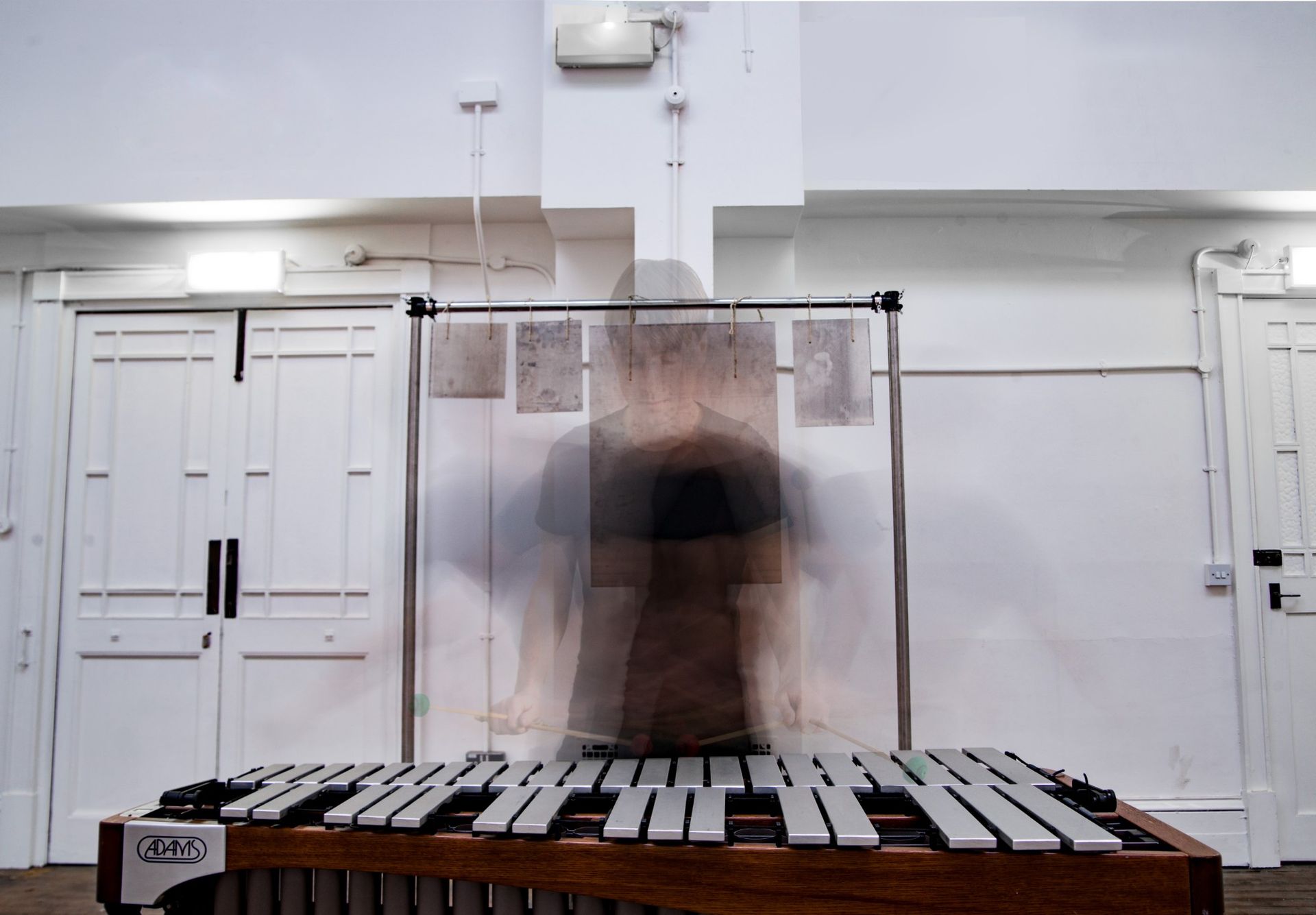 Alex Petcu playing the vibraphone, blurred with movement